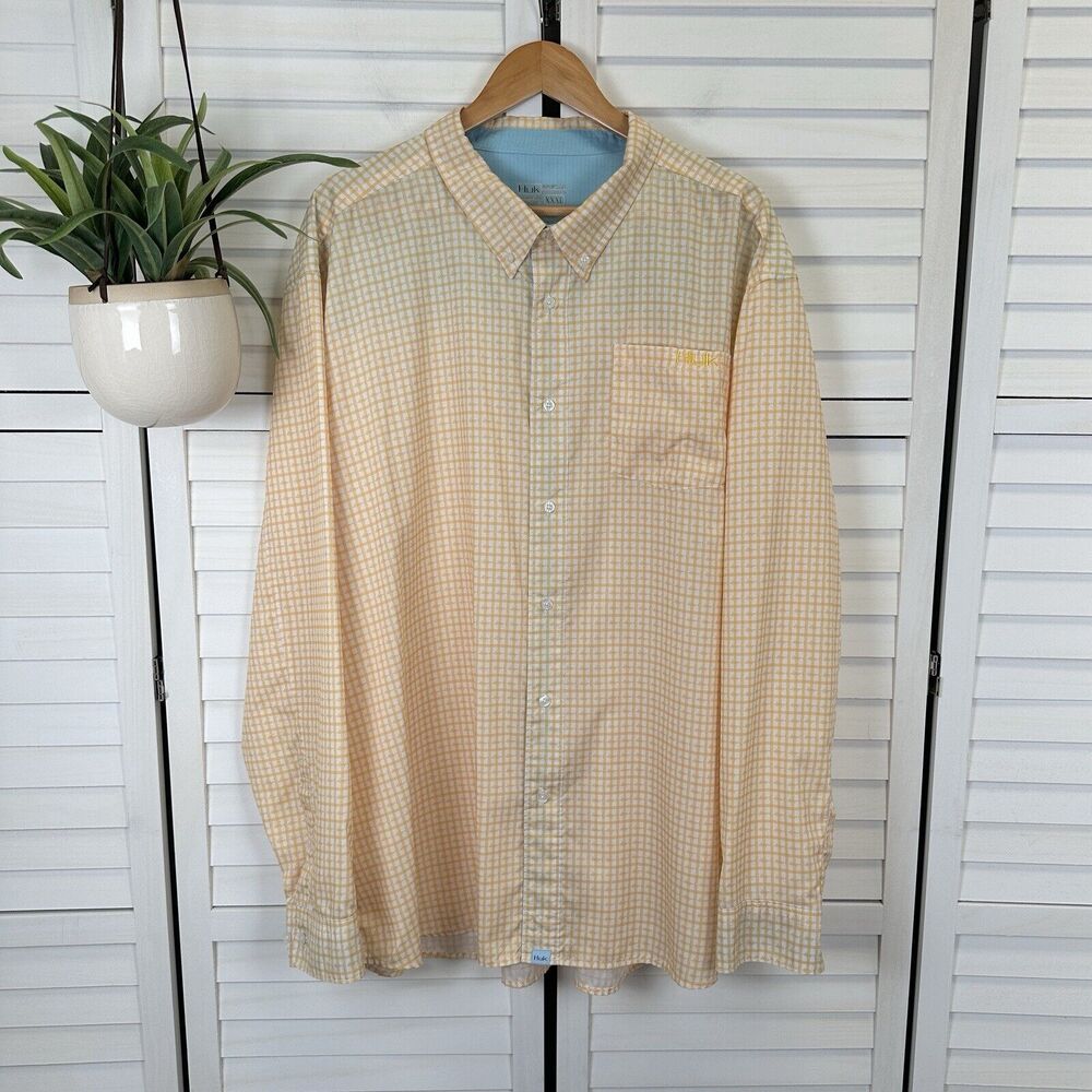 HUK Santiago Fishing Shirt Yellow Gingham Check Button Down Perforated Size XXXL